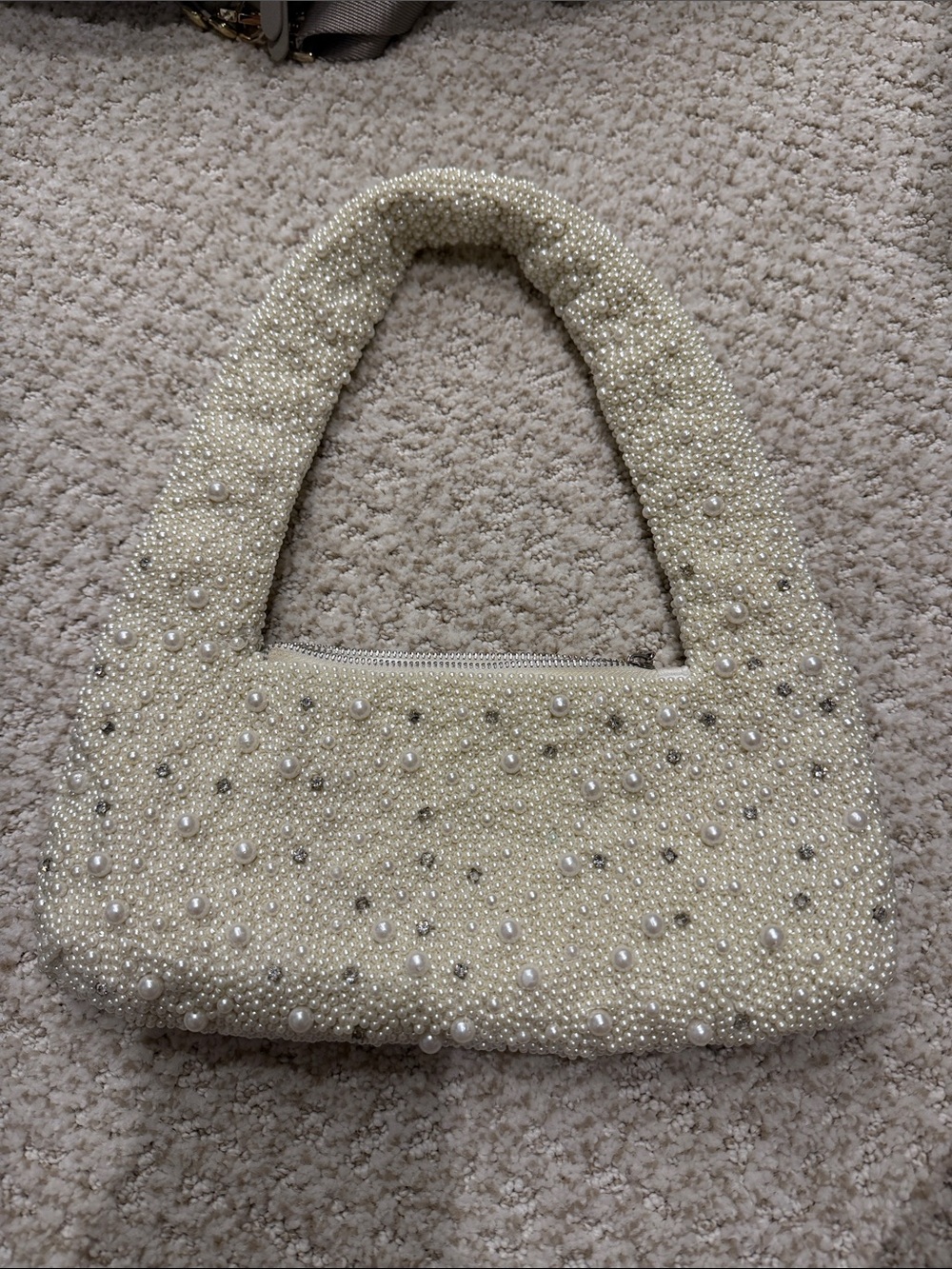 Pearl-Embellished Cream Evening Shoulder Bag